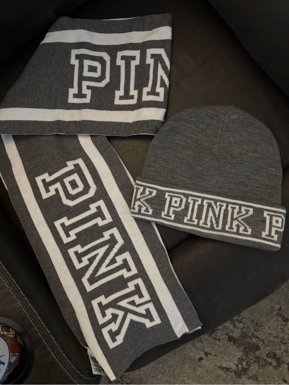 PINK Victoria's Secret Kids Gray & White Knit Beanie and Scarf Set